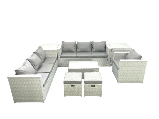 Fimous Wicker PE Rattan Sofa Garden Furniture Set with Armchair Oblong Coffee Table 2 Small Footstools 2 Side Tables Light Grey Mixed - image 1