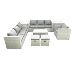 Fimous Wicker PE Rattan Sofa Garden Furniture Set with Armchair Oblong Coffee Table 2 Small Footstools 2 Side Tables Light Grey Mixed - thumbnail 1