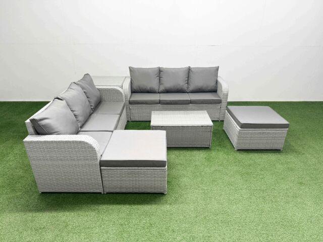 Fimous Outdoor Garden Furniture Sets 8 Seater Wicker Rattan Furniture Sofa Sets w/ Rectangular Coffee Table high Back Lounge Sofa 2 Big Footstool - image 1