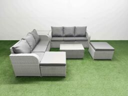 Fimous Outdoor Garden Furniture Sets 8 Seater Wicker Rattan Furniture Sofa Sets w/ Rectangular Coffee Table high Back Lounge Sofa 2 Big Footstool - thumbnail 1