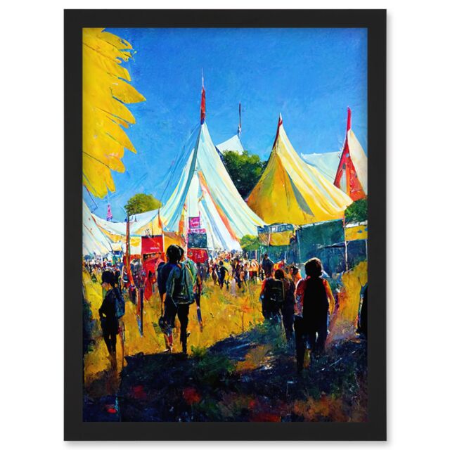 Artery8 Glastonbury Music Festival 1987 Morning Oil Painting Artwork Framed Wall Art Print A4 in Black - image 1