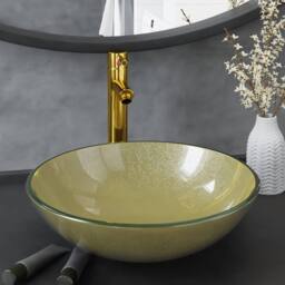 Berkfield Home Durable Bathroom Sink with Tap & Push Drain Gold Tempered Glass - thumbnail 2