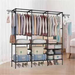 Nordara Heavy Duty Steel Double Garment Rack With Shelves in Black - thumbnail 2
