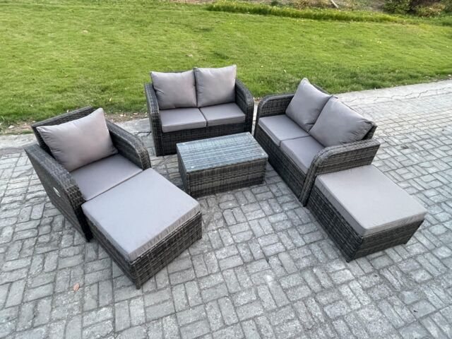 Fimous 7 Seater Garden Furniture Set Rattan Outdoor Lounge Sofa Chair With Tempered Glass Table 2 Big Footstool Dark Grey Mixed - image 1