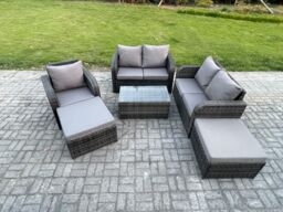Fimous 7 Seater Garden Furniture Set Rattan Outdoor Lounge Sofa Chair With Tempered Glass Table 2 Big Footstool Dark Grey Mixed - thumbnail 2