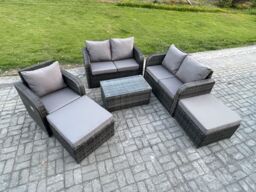 Fimous 7 Seater Garden Furniture Set Rattan Outdoor Lounge Sofa Chair With Tempered Glass Table 2 Big Footstool Dark Grey Mixed - thumbnail 1