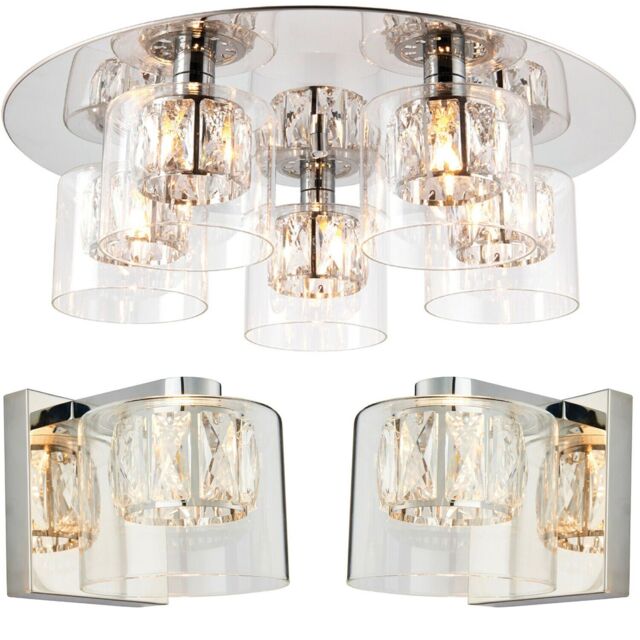 Loops 5 Bulb Ceiling Lamp & 2x Matching Wall Mount Light Round Chrome & Crystal Glass in Clear - image 1