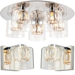 Loops 5 Bulb Ceiling Lamp & 2x Matching Wall Mount Light Round Chrome & Crystal Glass in Clear - thumbnail 1
