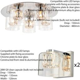 Loops 5 Bulb Ceiling Lamp & 2x Matching Wall Mount Light Round Chrome & Crystal Glass in Clear - thumbnail 2
