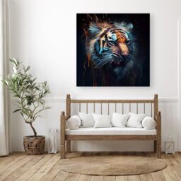 Warren Reed - Designer Tiger Face Splashart Dark Background Canvas in Brown - Size: w40 inch x h40 inch - thumbnail 3