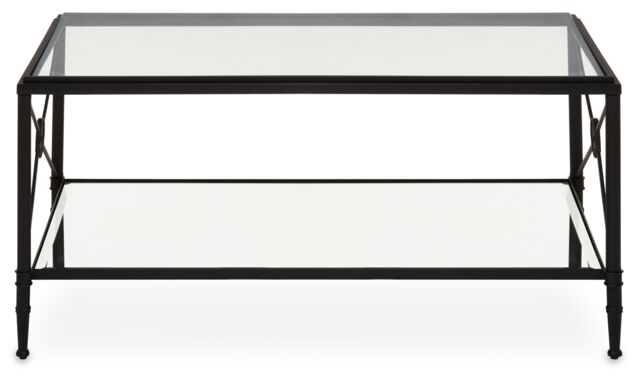 Orsina Rectangular Coffee Table, Black-Finish Metal Frame with X‑Side Cross, Dual‑Tier Tempered Glass Shelves in Black - image 1