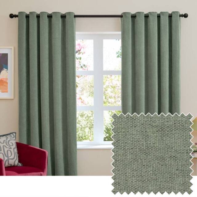 Furn Soft Chenille Blackout Eyelet Curtain Pair in Green - Size: 168 cm width x 229 cm drop - image 1