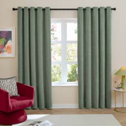 Furn Soft Chenille Blackout Eyelet Curtain Pair in Green - Size: 168 cm width x 229 cm drop - thumbnail 2