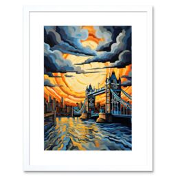Artery8 Wall Art Print London Tower Bridge Dramatic Sunset Vibrant Artwork Blue Orange River Thames England Cloudy Sky Artwork Framed 9X7 Inch - thumbnail 1