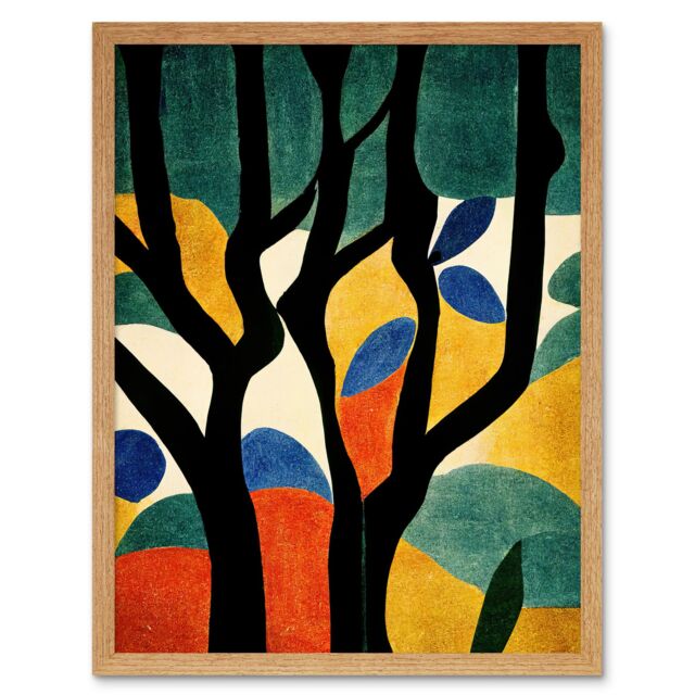 "Artery8 Wall Art Print Simple Autumn Trees Orange on Blue Minimalist Matisse Style Painting Art Framed in Light Oak - Size: W12"" x H16""" - image 1