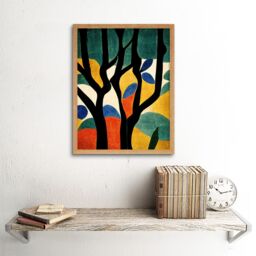 "Artery8 Wall Art Print Simple Autumn Trees Orange on Blue Minimalist Matisse Style Painting Art Framed in Light Oak - Size: W12"" x H16""" - thumbnail 2