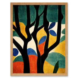 "Artery8 Wall Art Print Simple Autumn Trees Orange on Blue Minimalist Matisse Style Painting Art Framed in Light Oak - Size: W12"" x H16""" - thumbnail 1