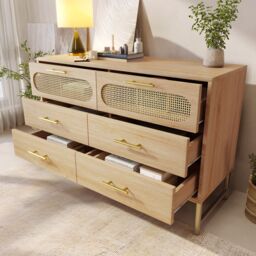 Matteo Rattan Sideboard Storage Cabinet with 6 Drawers, Cupboard Sideboards in Light Oak - thumbnail 1