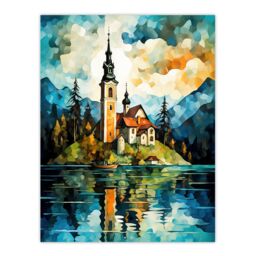 Artery8 Lake Bled Vibrant Artwork 17th Century Church On Slovenia Island Reflecting On Turquoise Water Large Wall Unframed Art Poster Print Thick - thumbnail 1