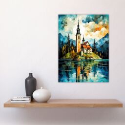 Artery8 Lake Bled Vibrant Artwork 17th Century Church On Slovenia Island Reflecting On Turquoise Water Large Wall Unframed Art Poster Print Thick - thumbnail 4