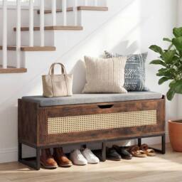 Kelvenix 100CM Wicker Shoe Bench with Padded Seat in Brown - Size: 0.6m2 - thumbnail 5