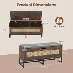 Kelvenix 100CM Wicker Shoe Bench with Padded Seat in Brown - Size: 0.6m2 - thumbnail 2