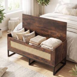 Kelvenix 100CM Wicker Shoe Bench with Padded Seat in Brown - Size: 0.6m2 - thumbnail 3