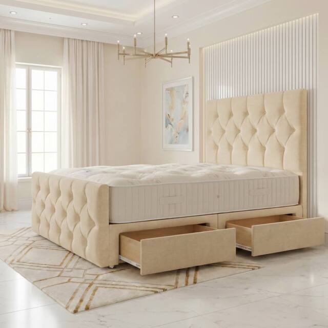"Somnior Ziggy Linen Divan Bed Mattress 2 Draw 54"" Headboard & 22"" Footboard in Beige - Size: Single" - image 1