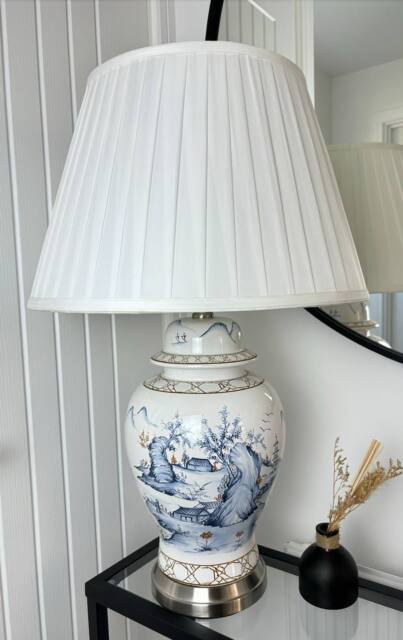 Downton Interiors Blue Landscape Ceramic Table Lamp with Pleated Shade (G2114 Pleated) - Size: Large - image 1