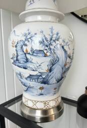 Downton Interiors Blue Landscape Ceramic Table Lamp with Pleated Shade (G2114 Pleated) - Size: Large - thumbnail 5