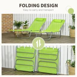OUTSUNNY 2 Piece Folding Sun Loungers with Adjustable Backrest & Pillow, Green - thumbnail 6