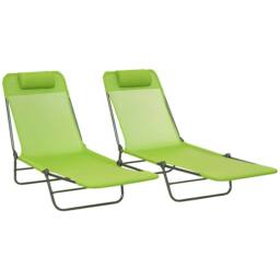 OUTSUNNY 2 Piece Folding Sun Loungers with Adjustable Backrest & Pillow, Green - thumbnail 2