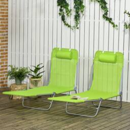 OUTSUNNY 2 Piece Folding Sun Loungers with Adjustable Backrest & Pillow, Green - thumbnail 1