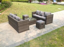 Fimous Dark Grey Rattan Garden Outdoor Sofa Set Square Coffee Table Small Footstools 8 Seater - thumbnail 1
