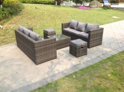 Fimous Dark Grey Rattan Garden Outdoor Sofa Set Square Coffee Table Small Footstools 8 Seater - thumbnail 4