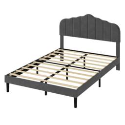 VOGREX Modern Linen Double Bed Frame Scalloped Upholstered Headboard in Dark Grey - thumbnail 1