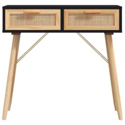 Berkfield Home Console Table Black 80x30x75 cm Solid Wood Pine&Natural Rattan - Size: 80 x 30 x 75 cm - thumbnail 4