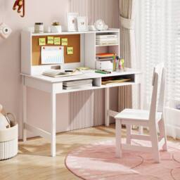 CASART Kids Study Table & Chair Set Wooden Table & Chair w/ Hutch & Shelves in White - thumbnail 8