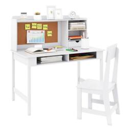 CASART Kids Study Table & Chair Set Wooden Table & Chair w/ Hutch & Shelves in White - thumbnail 7