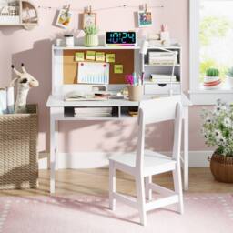 CASART Kids Study Table & Chair Set Wooden Table & Chair w/ Hutch & Shelves in White
