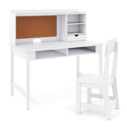 CASART Kids Study Table & Chair Set Wooden Table & Chair w/ Hutch & Shelves in White - thumbnail 4