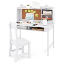 CASART Kids Study Table & Chair Set Wooden Table & Chair w/ Hutch & Shelves in White - thumbnail 3