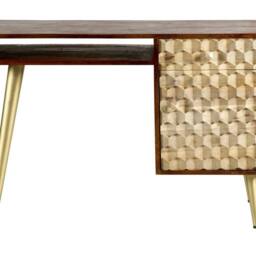 Wyld Haus Beijing Mango Wood Desk 1 Drawer 1 Door Gold Geometric Pattern in Brown - thumbnail 3