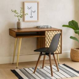 Wyld Haus Beijing Mango Wood Desk 1 Drawer 1 Door Gold Geometric Pattern in Brown - thumbnail 1