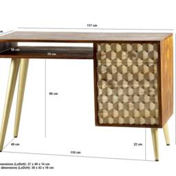 Wyld Haus Beijing Mango Wood Desk 1 Drawer 1 Door Gold Geometric Pattern in Brown - thumbnail 4