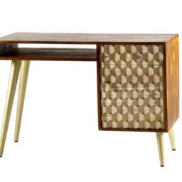 Wyld Haus Beijing Mango Wood Desk 1 Drawer 1 Door Gold Geometric Pattern in Brown - thumbnail 2