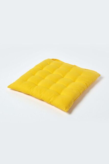 Homescapes Seat Pad Luxury 100% Cotton Indoor Outdoor Garden Cushion, Button Tie, 40cm in Yellow - image 1