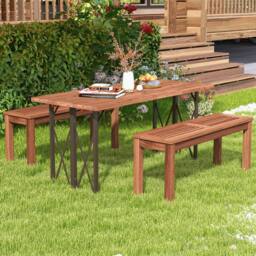 Costway 100cm Patio Wood Bench 2-Person Solid Wood Bench Dining Bench w/ Slatted Seat in Natural - thumbnail 3