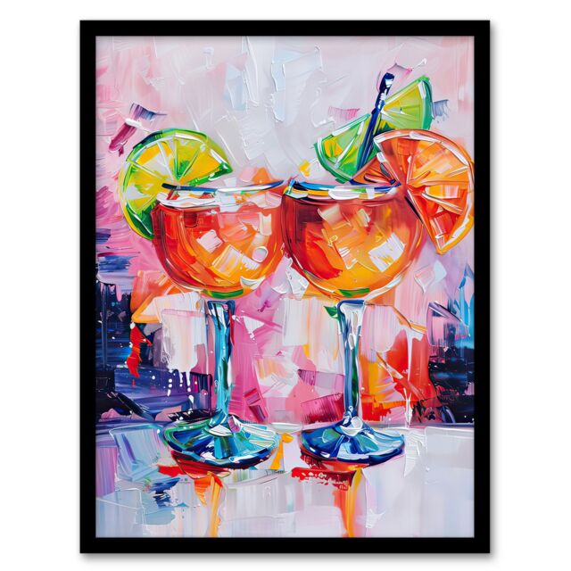 Artery8 Aperol Spritz Cocktails Oil Painting Colourful Framed Art Print in Orange - Size: A4 - image 1