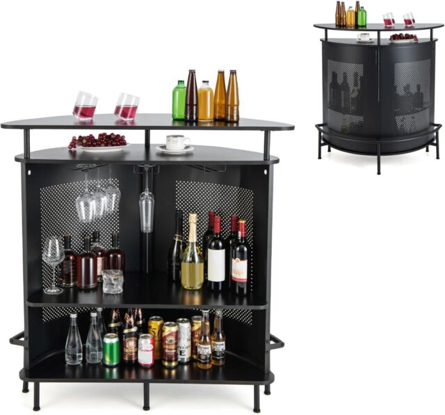 Gymax Home Bar Unit 4-Tier Bar Table With Metal Storage Shelves & Footrest in Black - image 1